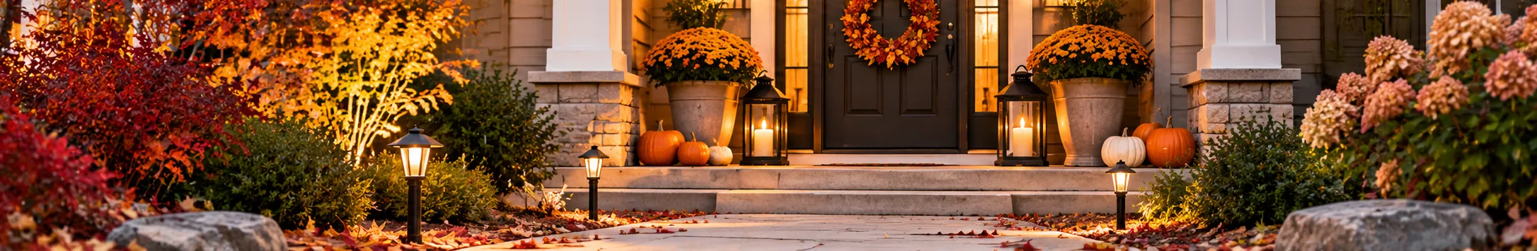 Wide view of a stone-stepped entry with mums, lanterns, and an autumn garden at dusk