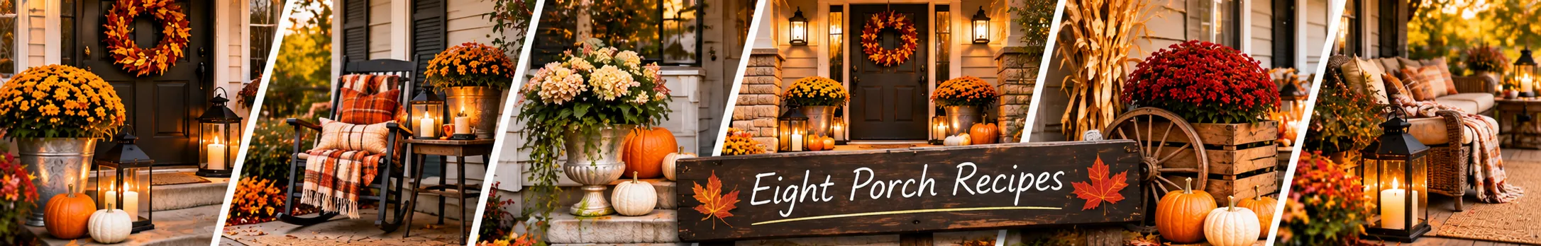 Five Thanksgiving entries side by side with a wooden sign reading Eight Porch Recipes