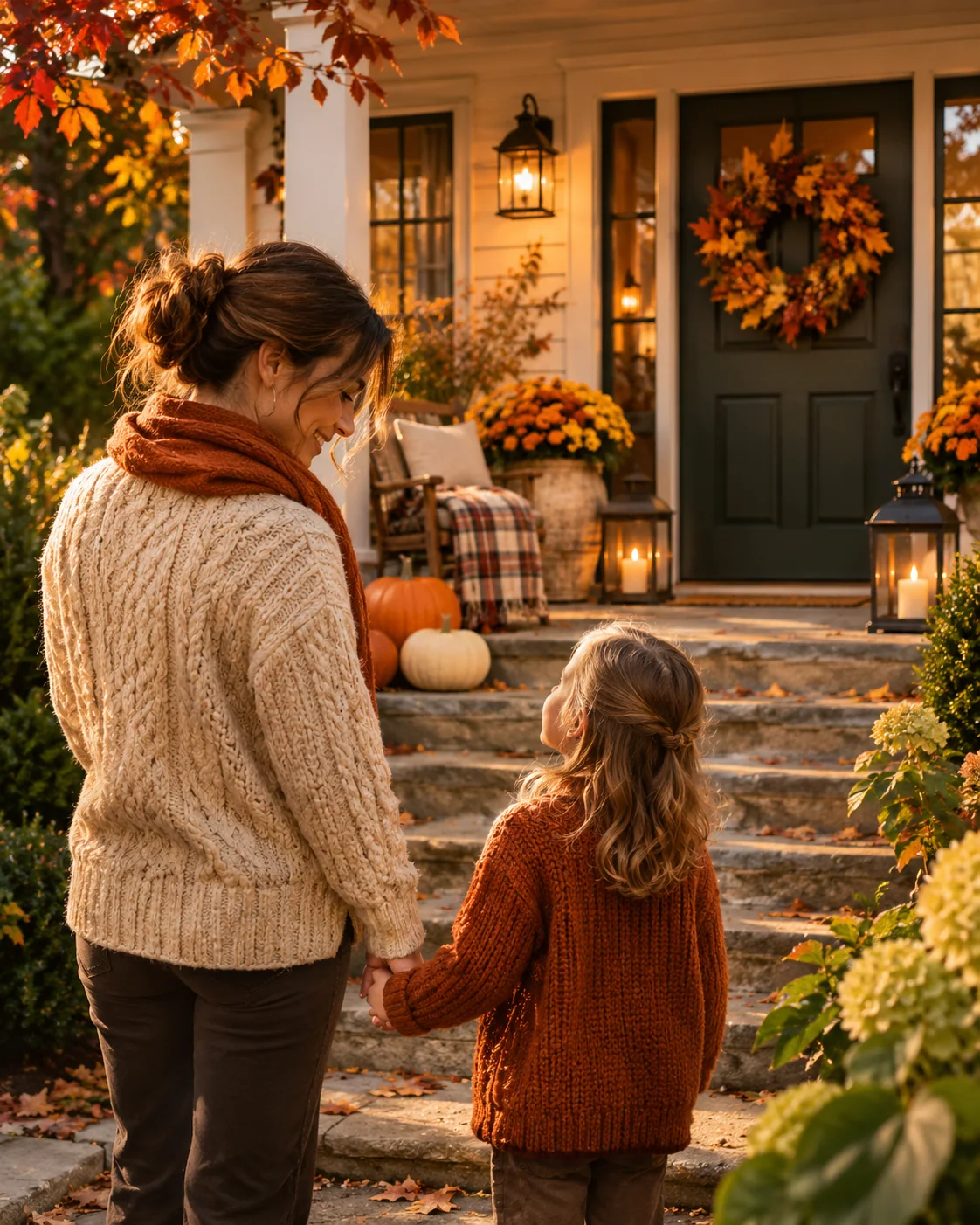 A woman and a young girl holding hands at the foot of autumn porch steps, smiling at each other, with a wreath on the door ahead