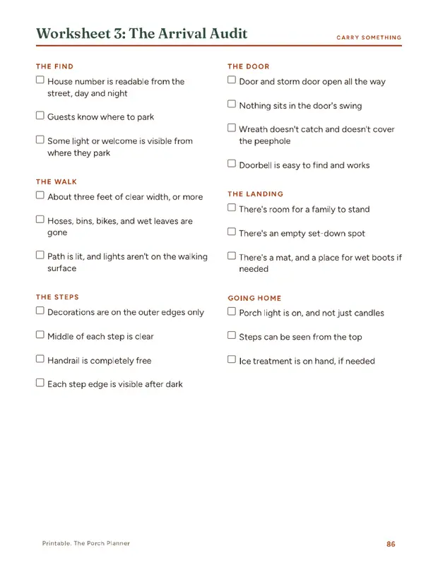 Book page: Worksheet 3, The Arrival Audit, a printable checklist