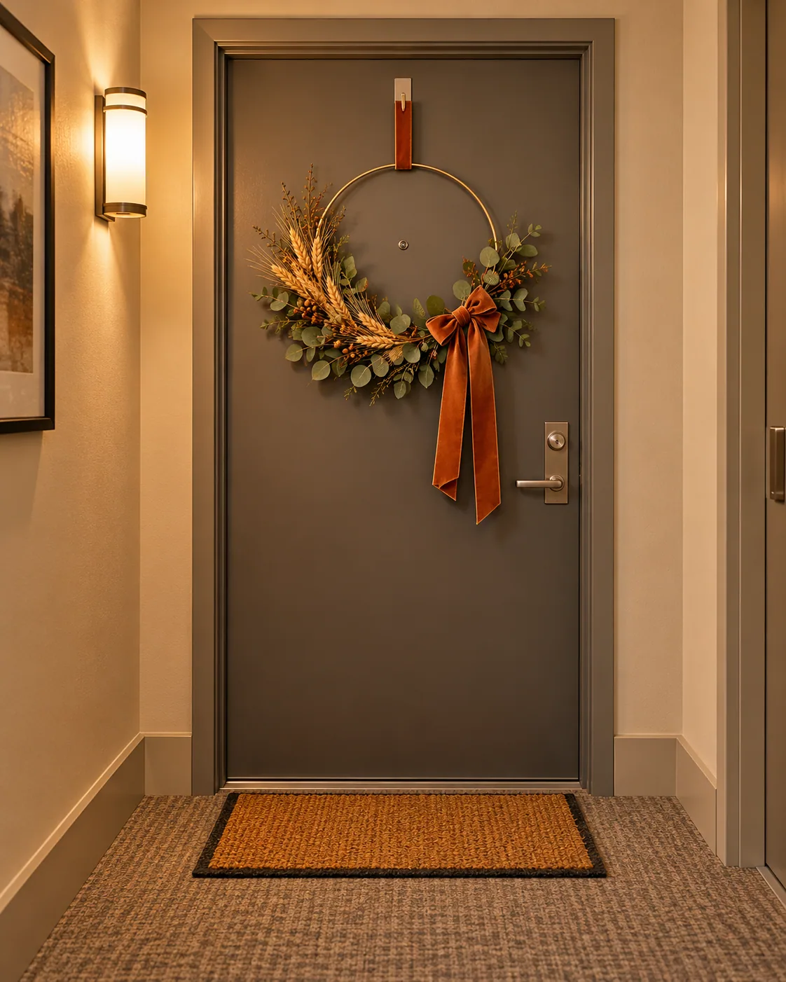 Plain apartment door with an open hoop wreath of eucalyptus and wheat and a rust ribbon