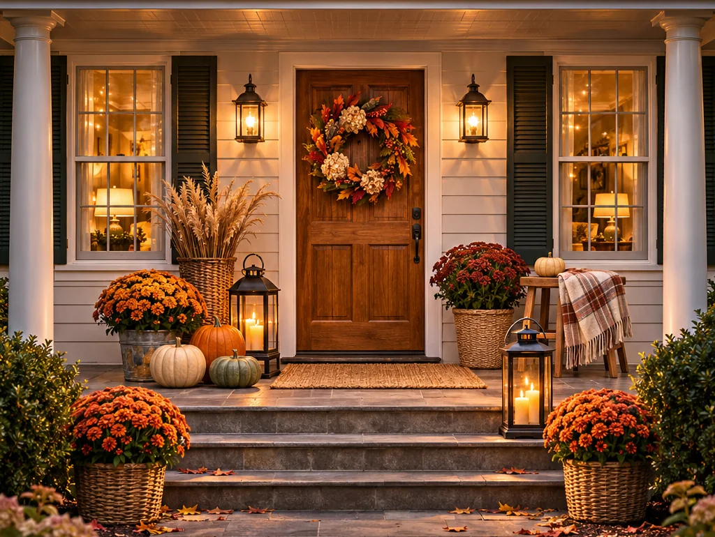 Thanksgiving front porch at dusk with a harvest wreath on a wood door, mums, lanterns, and pumpkins